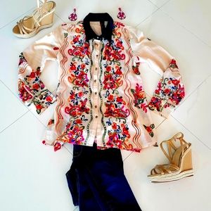 Boho embroidered blouse with velvet collar Pink/Blue multi sz S